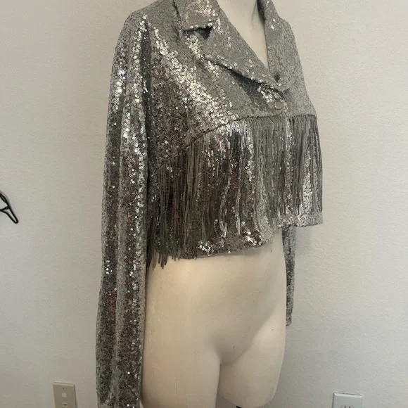 Saints & Hearts Silver Sequin Fringe Cropped Jacket - Picture 5 of 10